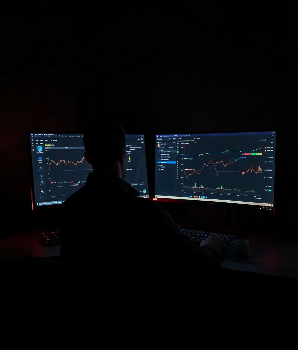 One professional working across multiple screens in a dark minimal workspace