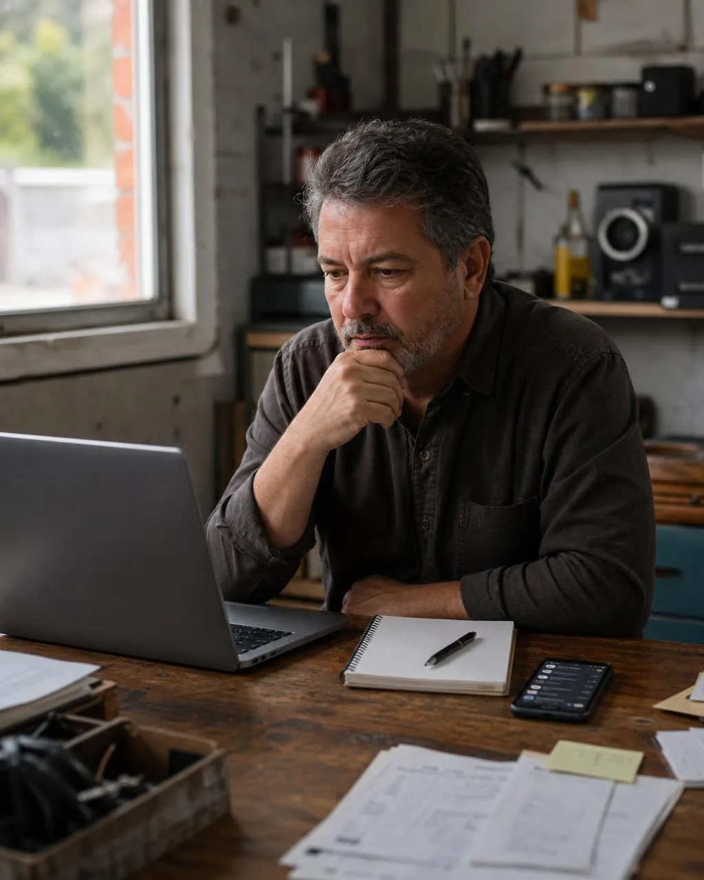A small business owner at a workshop desk looking thoughtfully at a laptop, notebook and phone nearby